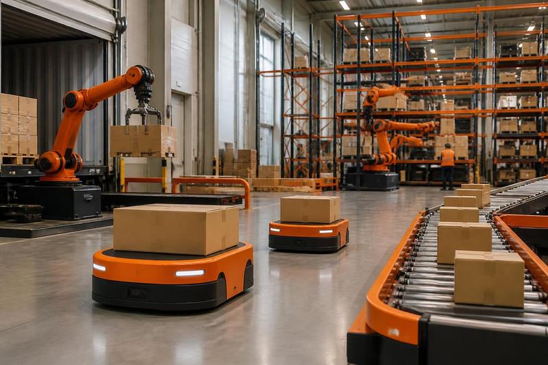 Warehouse workflow with production robots