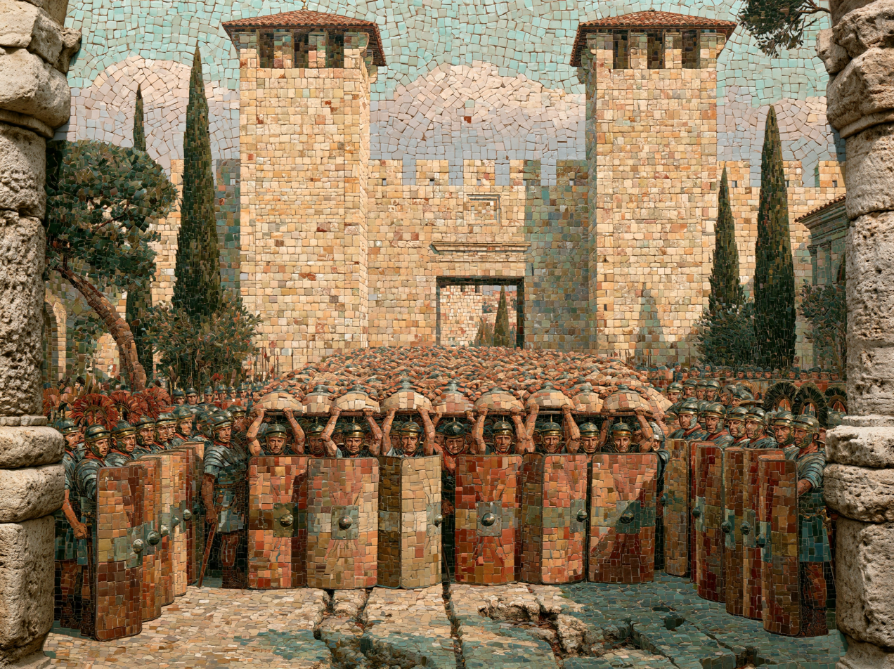 Mosaic of Roman legionaries in testudo formation, shields raised overhead, outside a fortified city gate