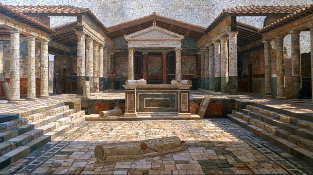 Sunlit interior of a ruined ancient Roman temple, with marble columns, a raised stone altar, and a toppled column lying across the paved floor