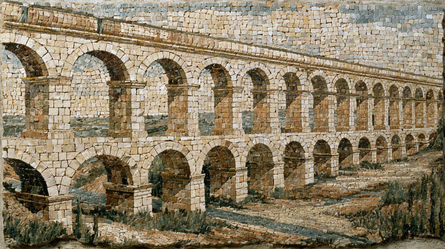 Mosaic of a Roman aqueduct, its two tiers of stone arches carrying a raised water channel across open country.