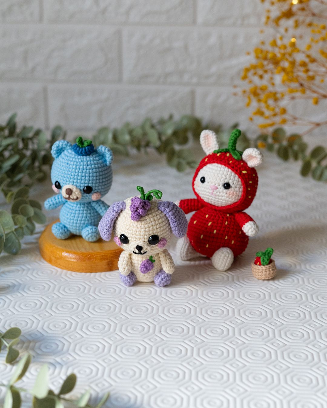 Fruit Friends Crochet Pattern PDF – 3-in-1 Amigurumi Set: Strawberry Bunny, Grape Puppy & Blueberry Bear 