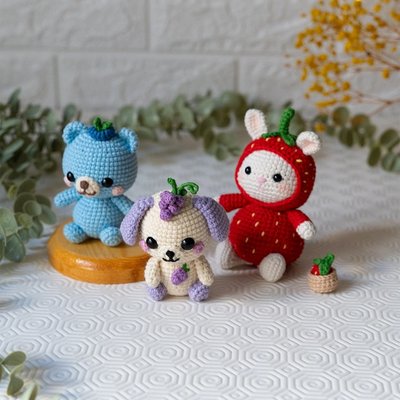 Fruit Friends Crochet Pattern PDF – 3-in-1 Amigurumi Set: Strawberry Bunny, Grape Puppy & Blueberry Bear