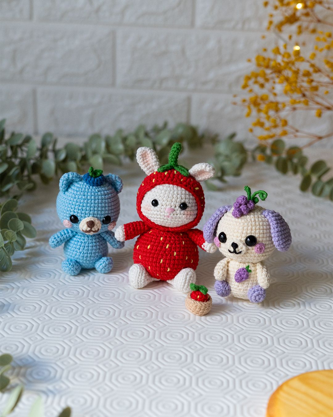 Fruit Friends Crochet Pattern PDF – 3-in-1 Amigurumi Set: Strawberry Bunny, Grape Puppy & Blueberry Bear 