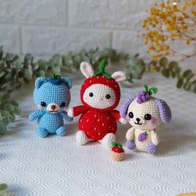 Fruit Friends Crochet Pattern PDF – 3-in-1 Amigurumi Set: Strawberry Bunny, Grape Puppy & Blueberry Bear