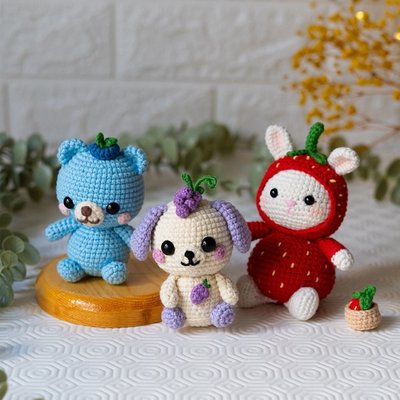 Fruit Friends Crochet Pattern PDF – 3-in-1 Amigurumi Set: Strawberry Bunny, Grape Puppy & Blueberry Bear