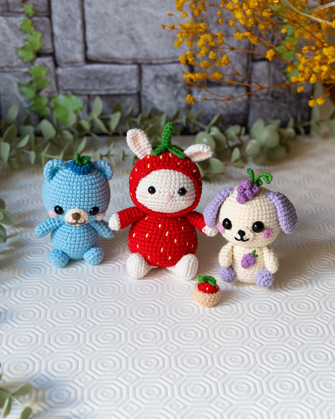 Fruit Friends Crochet Pattern PDF – 3-in-1 Amigurumi Set: Strawberry Bunny, Grape Puppy & Blueberry Bear 