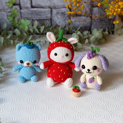 Fruit Friends Crochet Pattern PDF – 3-in-1 Amigurumi Set: Strawberry Bunny, Grape Puppy & Blueberry Bear