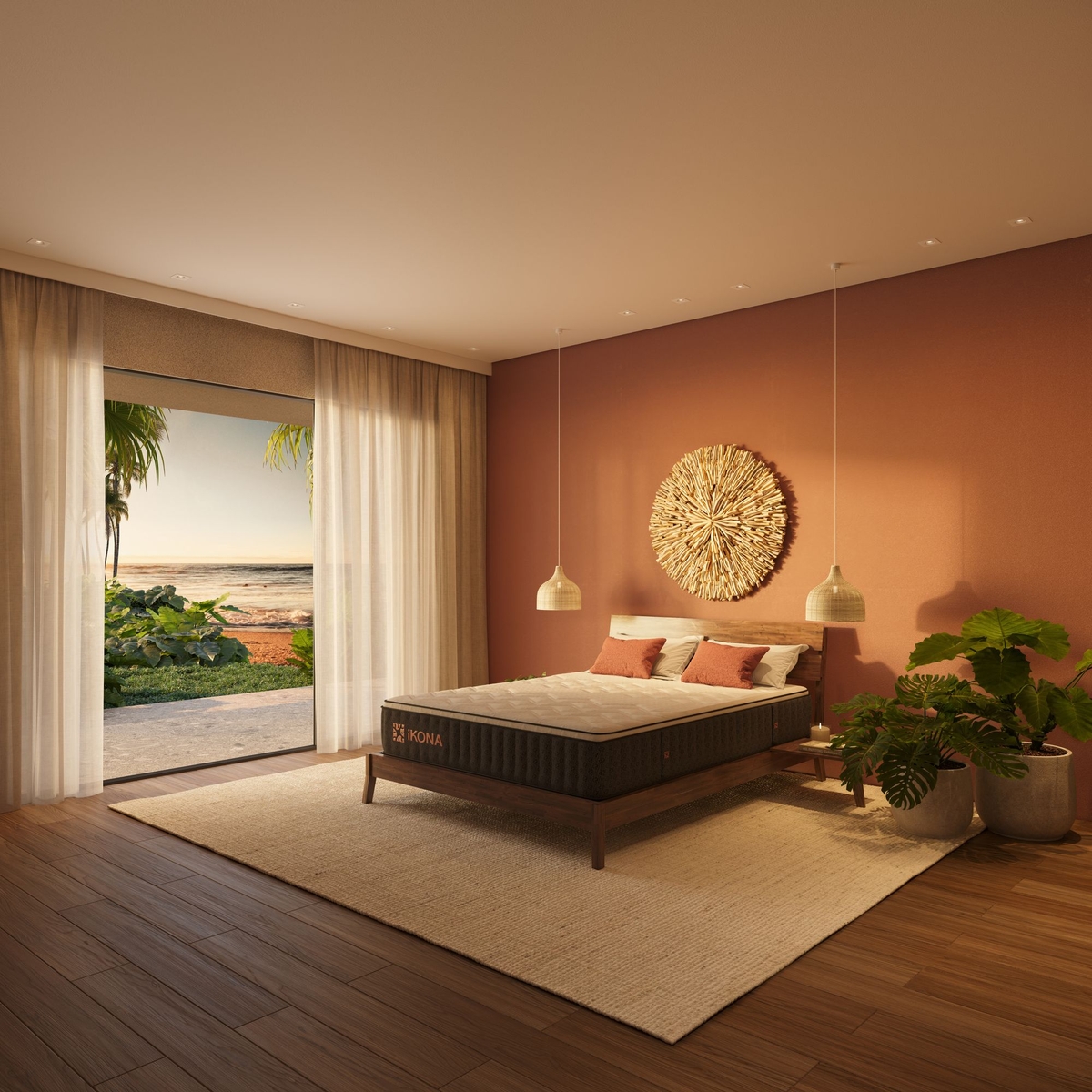 Ikona Térrava 12 Medium-Plush mattress displayed on a bed frame in a modern green bedroom setting.