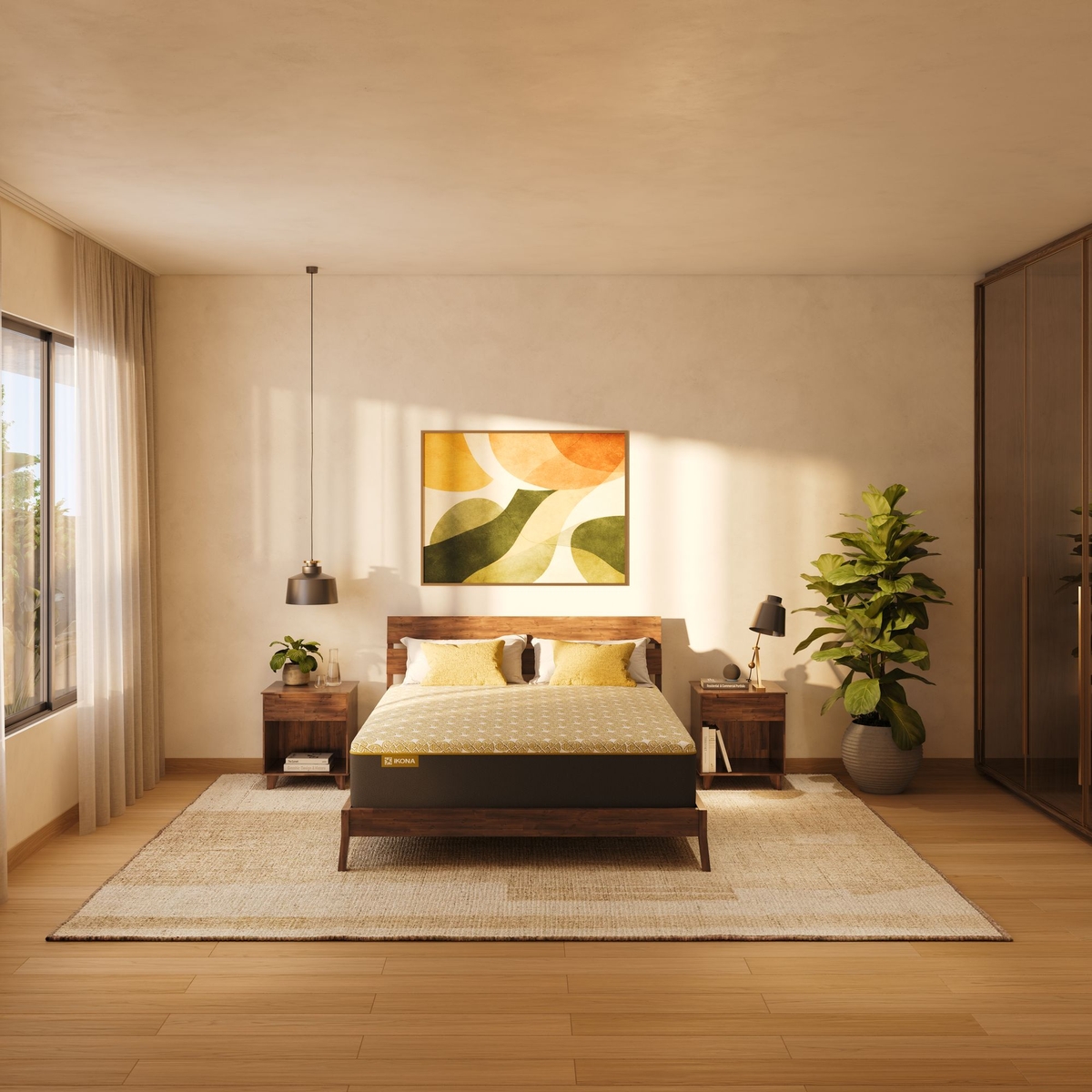 Ikona Solara 11 Medium-Plush mattress displayed on a bed frame in a modern green bedroom setting.