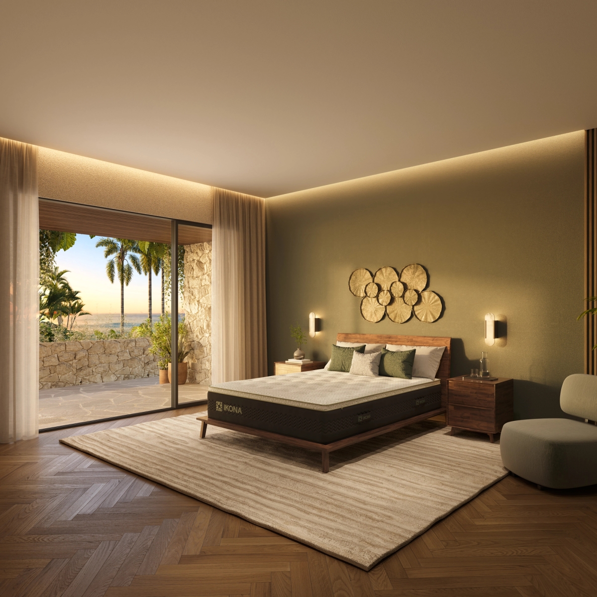 Ikona Borealis 14 Plush mattress displayed on a bed frame in a modern green bedroom setting.