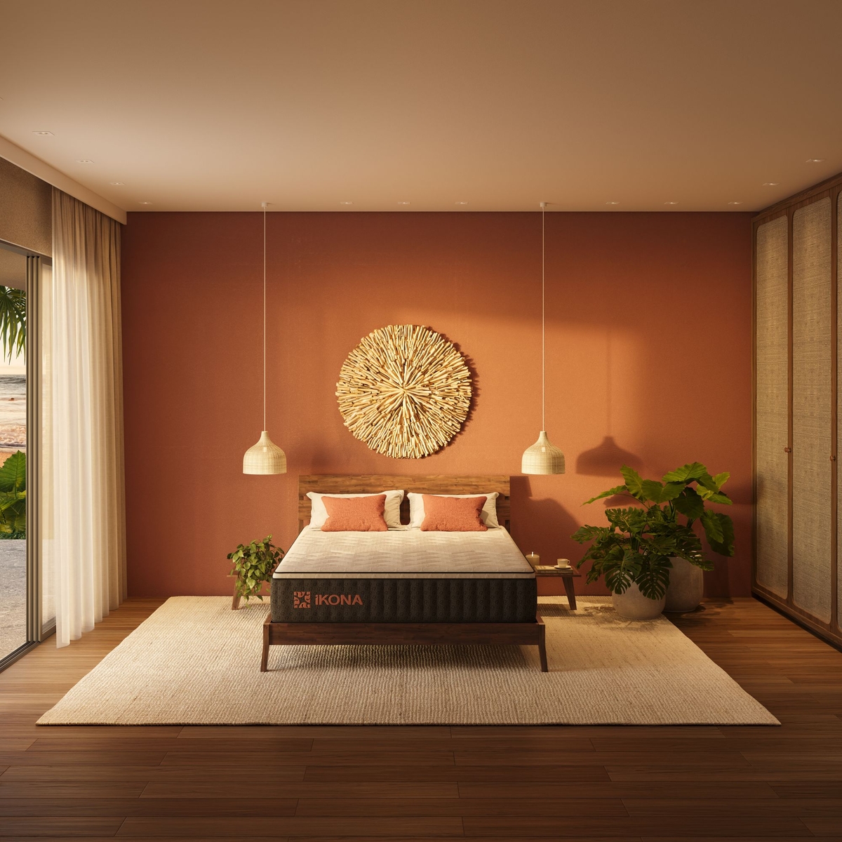 Ikona Térrava 12 Medium-Plush mattress displayed on a bed frame in a modern green bedroom setting.