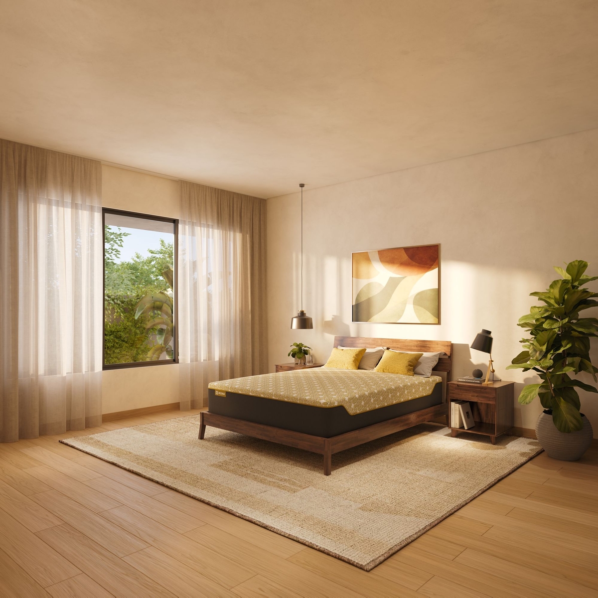 Ikona Solara 11 Medium-Plush mattress displayed on a bed frame in a modern green bedroom setting.