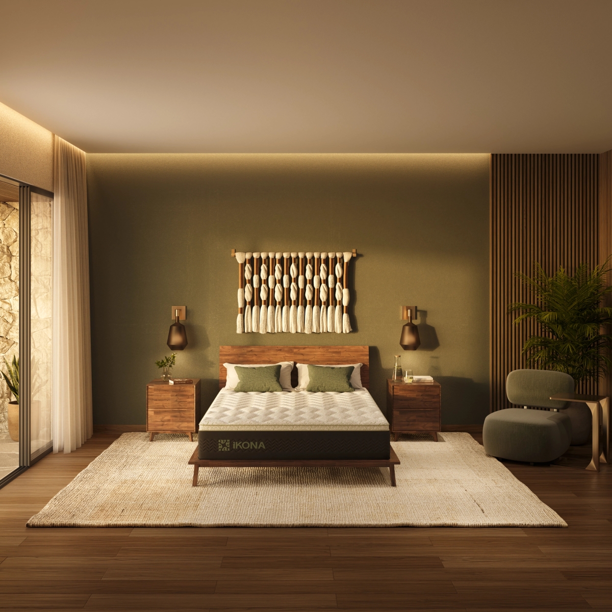 Ikona Borealis 12 Medium mattress displayed on a bed frame in a modern green bedroom setting.