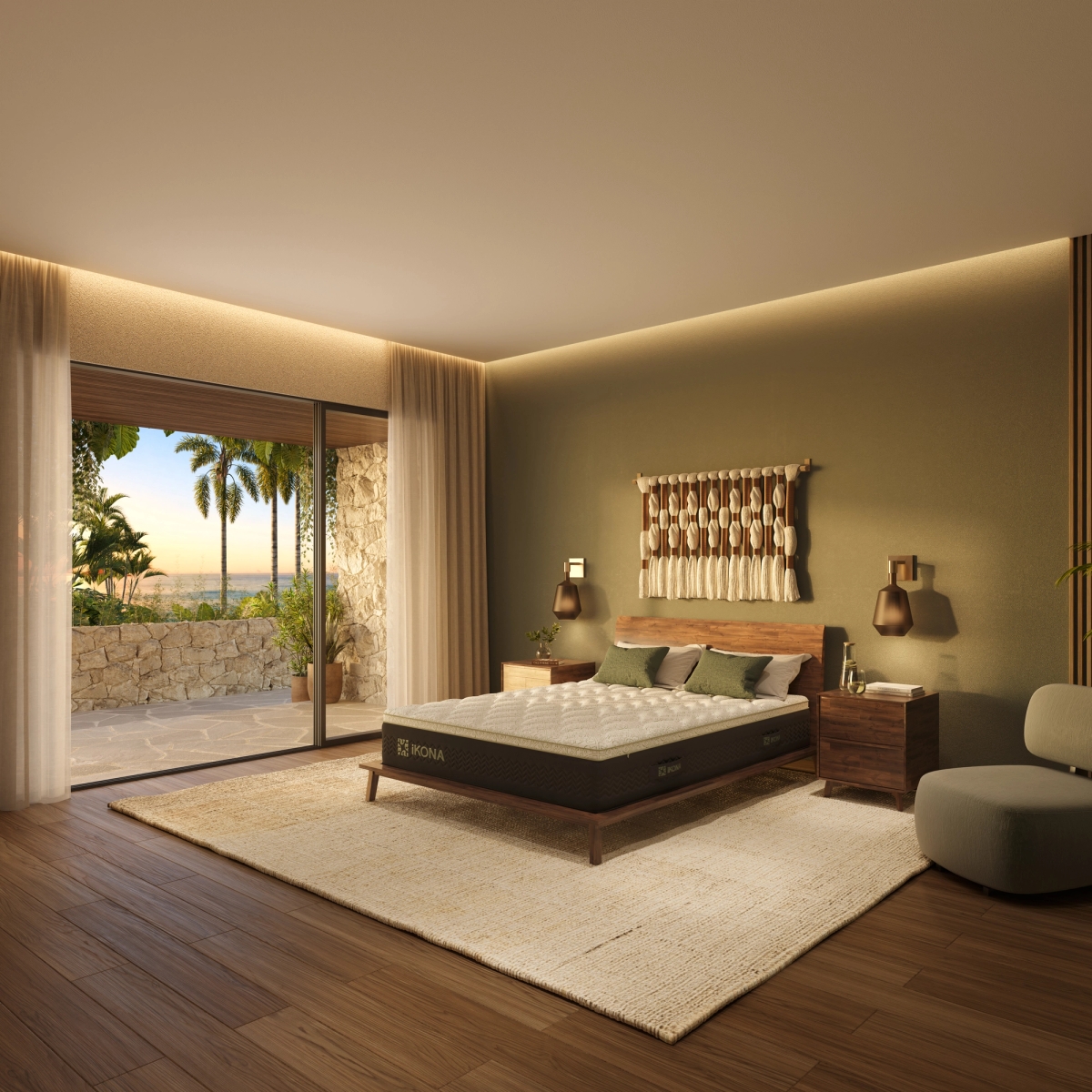 Ikona Borealis 12 Medium mattress displayed on a bed frame in a modern green bedroom setting.