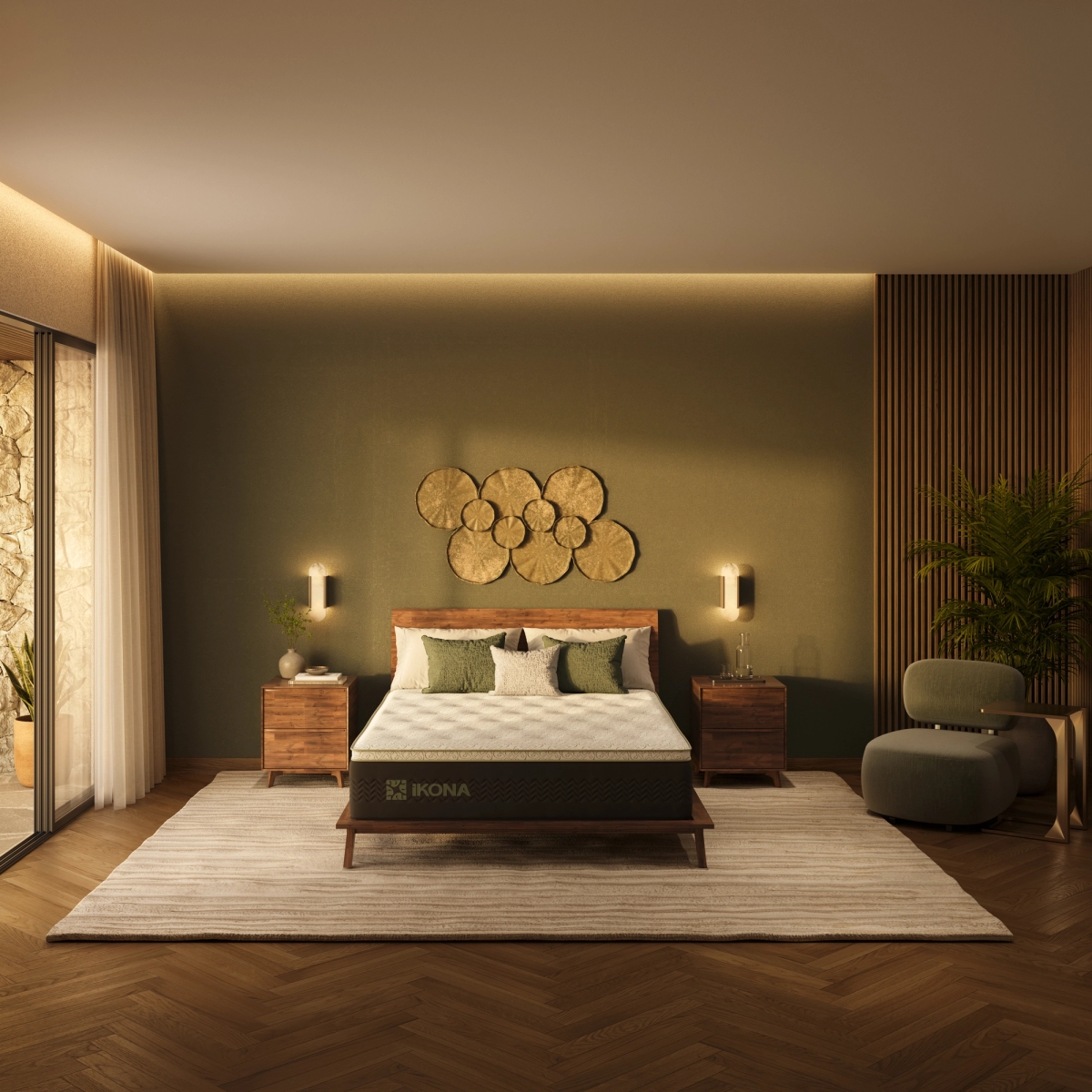 Ikona Borealis 14 Plush mattress displayed on a bed frame in a modern green bedroom setting.