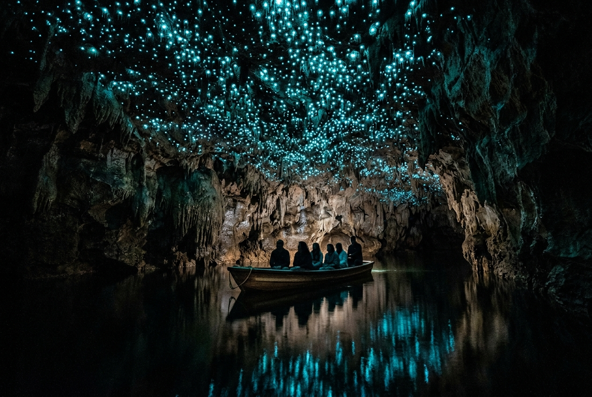 Blue-green glowworm lights covering the ceiling of the Waitomo Caves in New Zealand