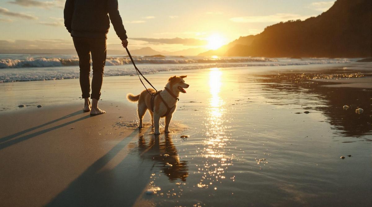 Dog and owner enjoying a pet-friendly beach in New Zealand