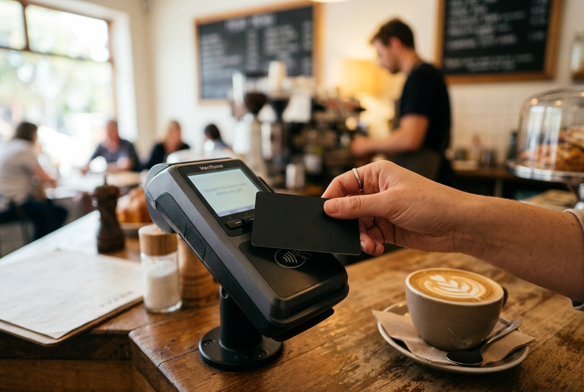 A traveller opening a bank account at a branch in New Zealand, with an EFTPOS card and passport on the counter