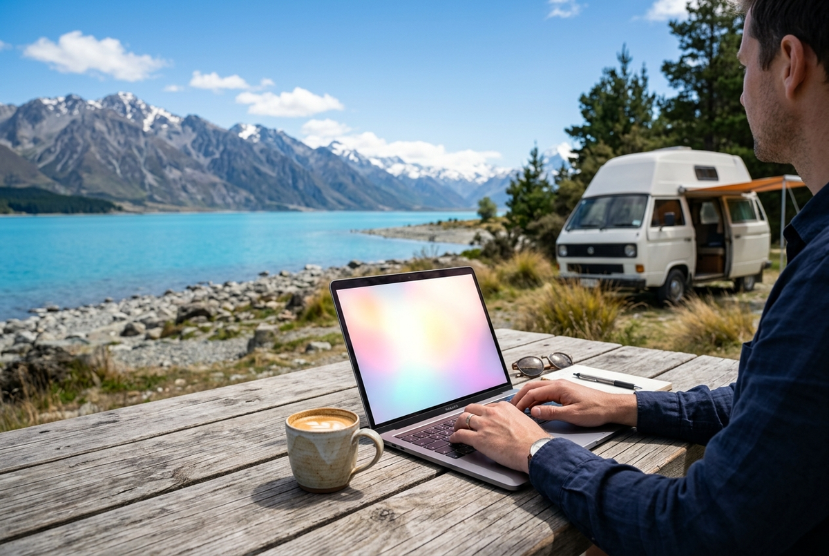 Remote work beside a New Zealand lake
