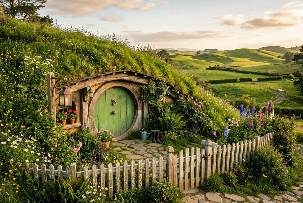 Hobbit holes with round doors set into green rolling hills at the Hobbiton Movie Set, New Zealand
