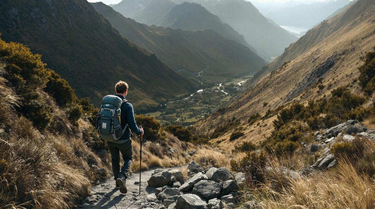 People hiking on a scenic trail in New Zealand