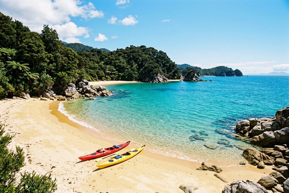Golden sand beach and turquoise water in Abel Tasman National Park near Nelson, New Zealand
