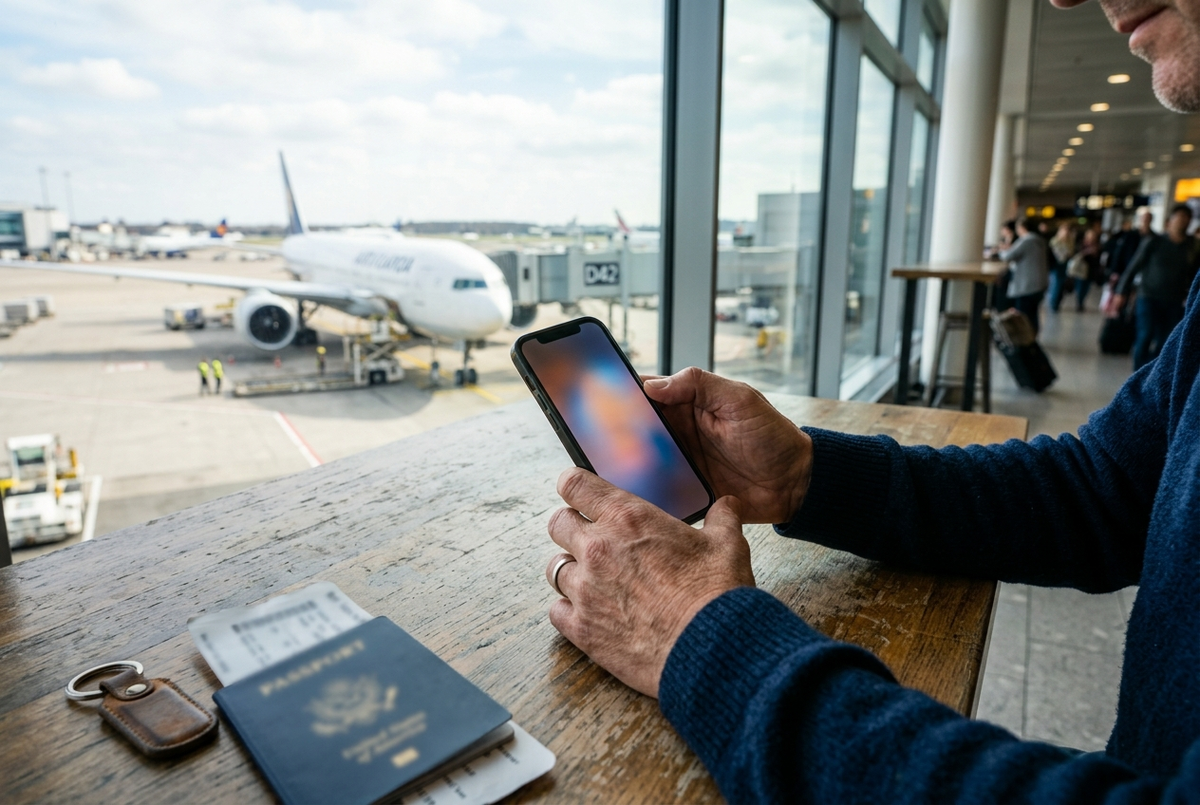 空港でスマホを使う旅行者(eSIM) / Traveler using phone at airport