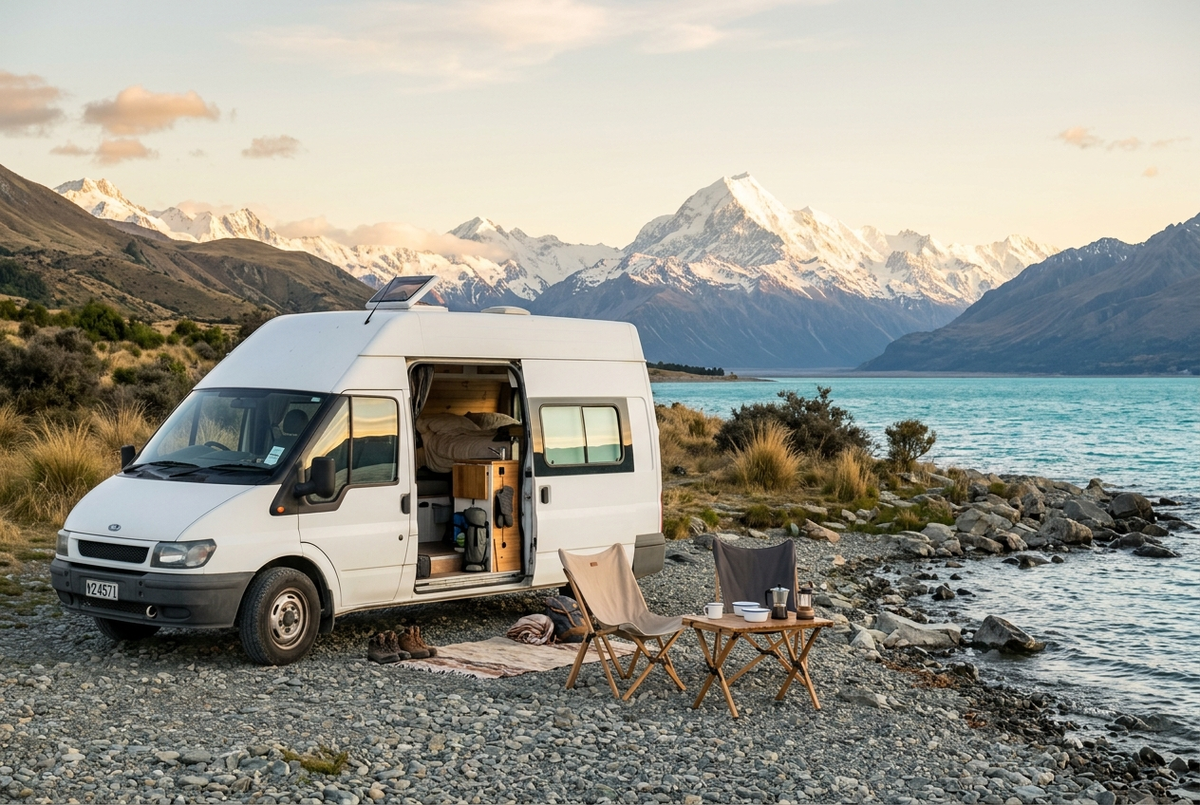 Campervan parked beside a scenic New Zealand landscape
