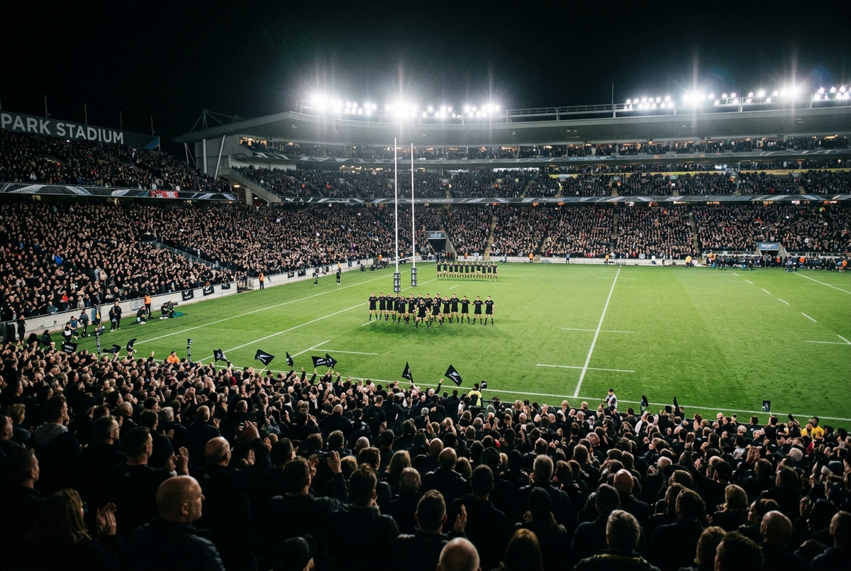 All Blacks players performing the haka in a packed New Zealand rugby stadium