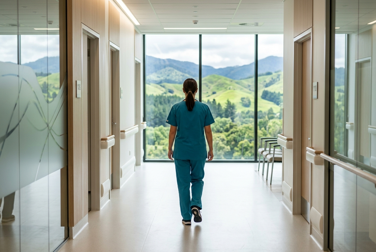 Nurse in scrubs looking out over a New Zealand cityscape, symbolizing an international nursing career move