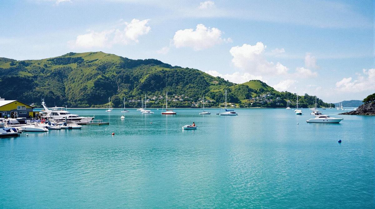 Turquoise waters and green islands of the Bay of Islands seen from Paihia, New Zealand