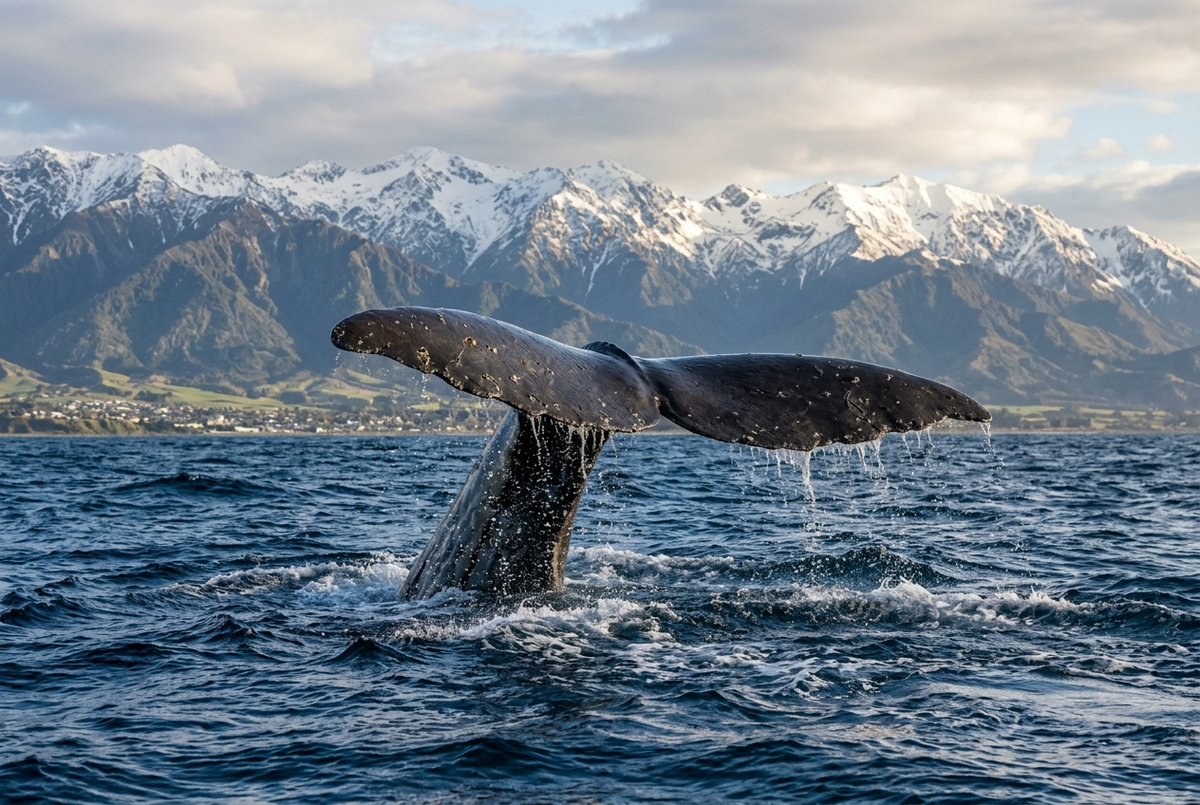 カイコウラ沖でテールを上げるマッコウクジラとウォッチング船