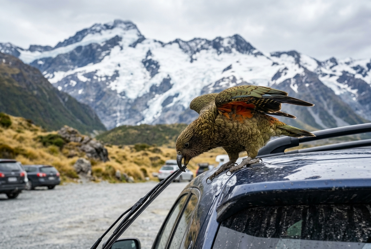 車のワイパーを狙うケア / Kea eyeing a car wiper blade