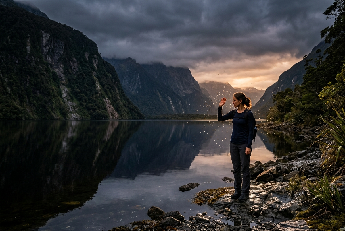フィヨルドランドの水辺とサンドフライ / Sandflies at a Fiordland lakeside