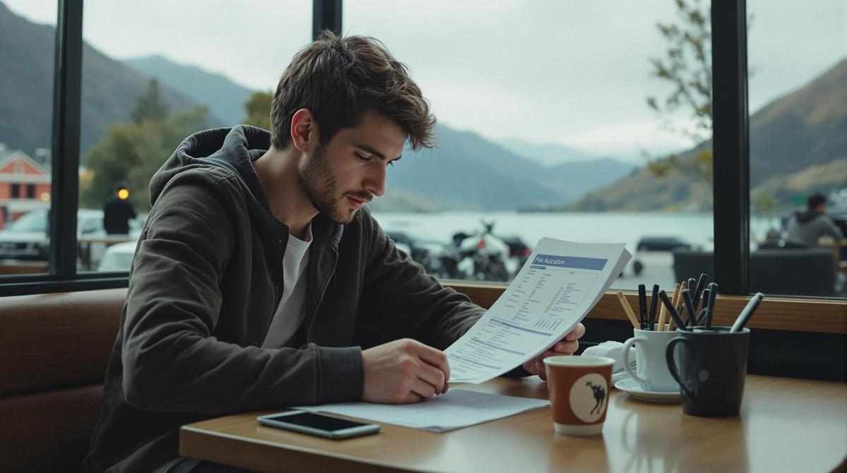 Working holiday maker reviewing a payslip and tax documents before starting a job in New Zealand