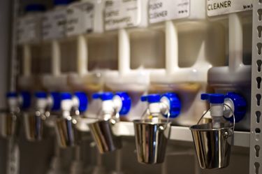Dispensers in a row in an eco friendly shop that aims to reduce plastic packaging