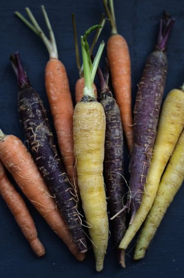 Top down view of colourful baby carrots lined next to each other 