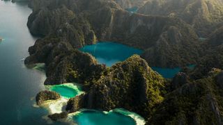 Aerial view of rugged Palawan islands and pristine waters