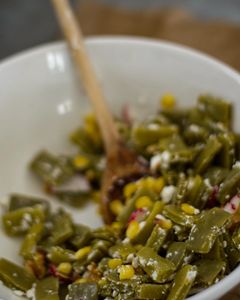 Close up pf cactus salad (nopales salad/nopalitos salad) in a bowl