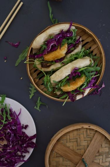 Bao buns (gua bao) in a bamboo steamer from above