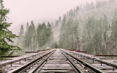 Train tracks in surrounded by a misty forest 