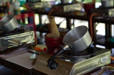 An outdoor cooking school with pots and portable stoves lined up