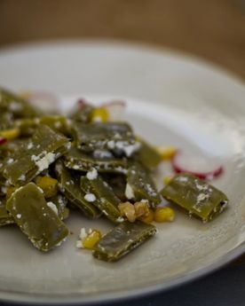 Close up of cactus salad (nopales) in a plate