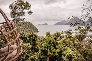 View of Palawan islands from the top of glamping boutique hotel The Birdhouse in El Nido, Philippines 