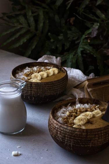 Two smoothie bowls next to a large indoor plant 