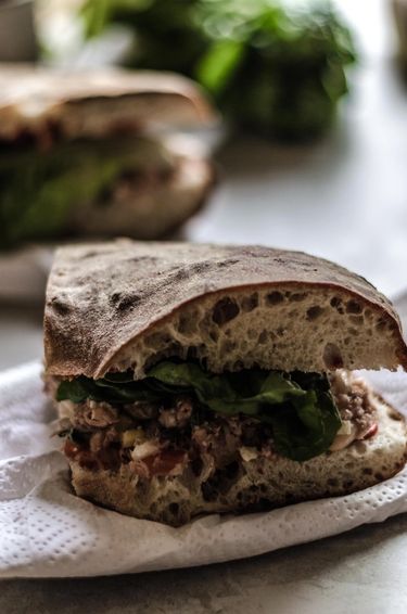 Slice of Malta's healthy tuna salad sandwich also known as ftira bit-tonn taz-zejt