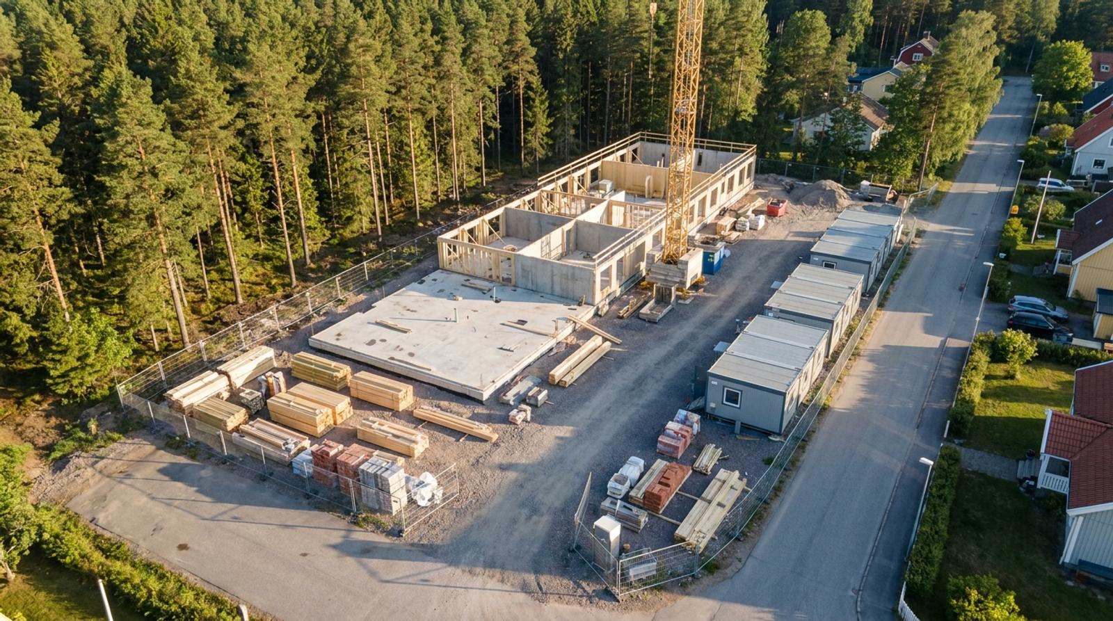 Flygbild av en byggarbetsplats i ett bostadsområde: gjuten bottenplatta, första våningens stomme, tornkran, en rad bodar och staplat virke, med tallskog på ena sidan och en villagata på den andra