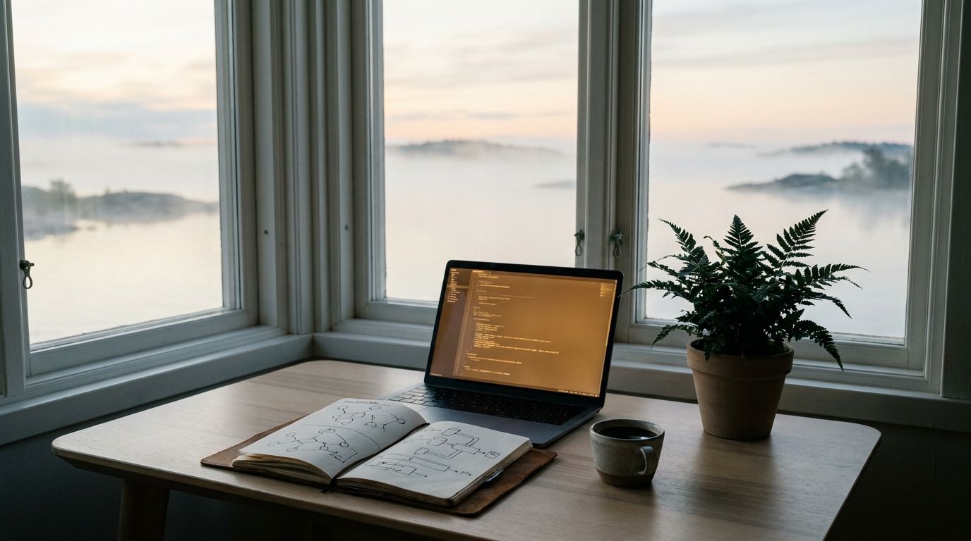 Stilla, soluppgångsbelyst arbetsplats vid Trosa skärgård — öppen laptop, anteckningsbok och kaffekopp.