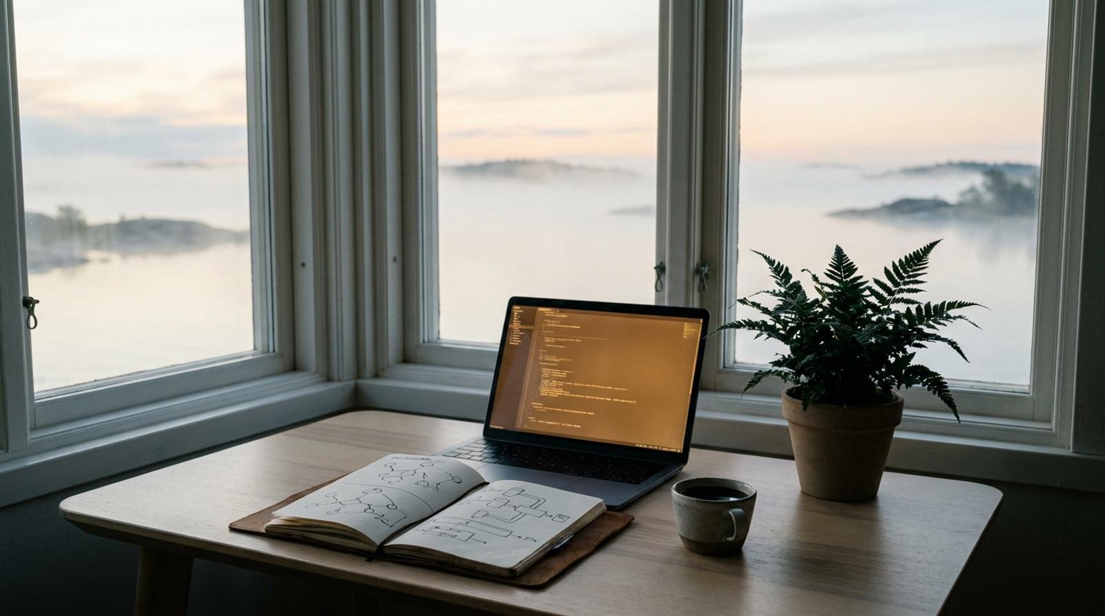Quiet, dawn-lit workspace overlooking the Trosa archipelago — open laptop, notebook, and coffee.