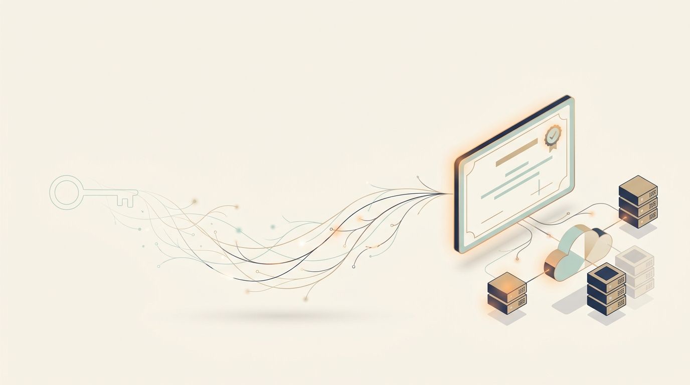 Abstrakt illustration där en tonad nyckel till vänster löses upp i tunna förbindelselinjer som leder till ett upplyst certifikat med sigill, sammankopplat med isometriska moln- och serverblock i dämpade teal-, beige- och marinblå toner.